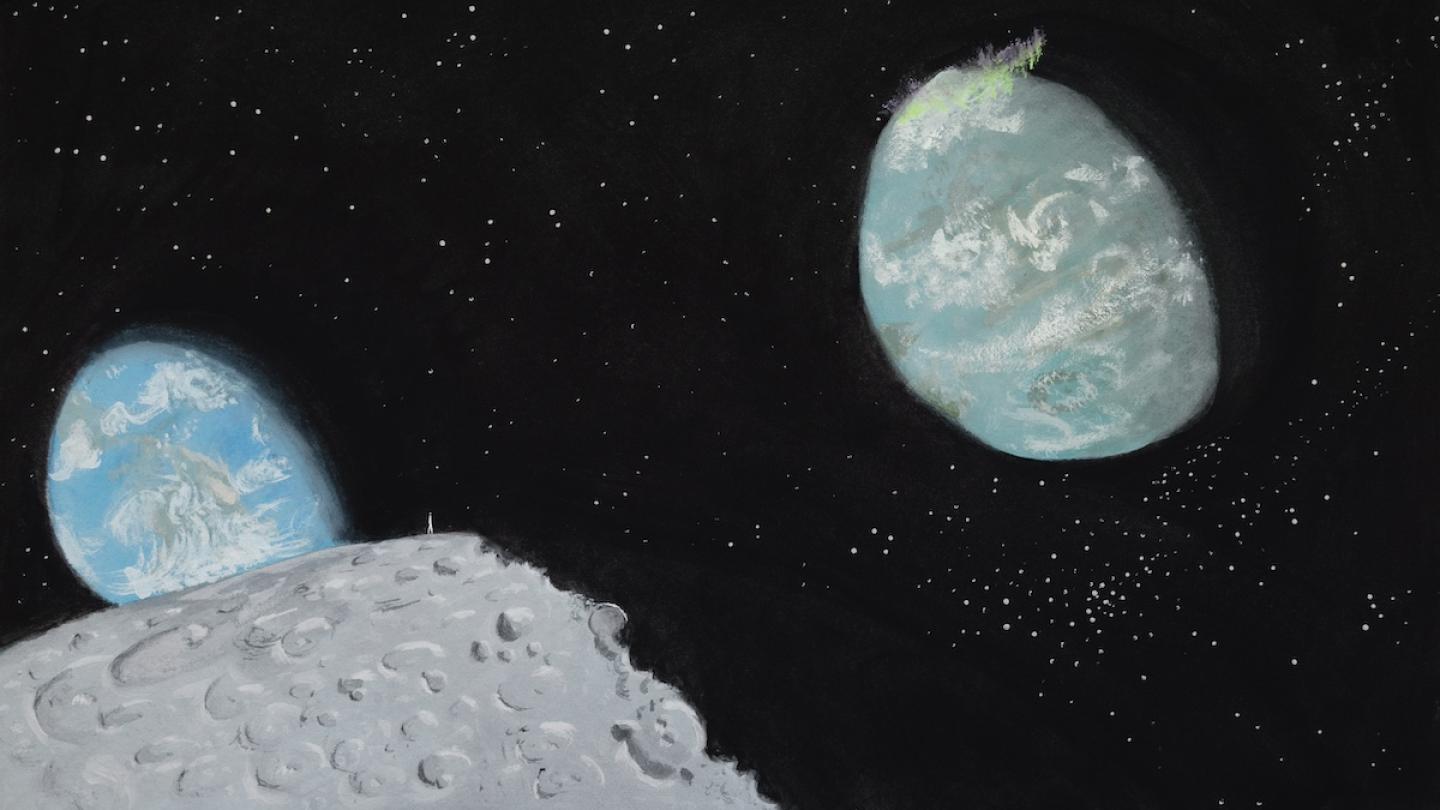 Illustration showing a blue and green Earth in the lower left, an unknown planet of similar coloring but more green and grey in the top right, and in the foreground, the moon's surface textured with craters and divided into day and night
